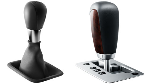 Shift lever knobs, leather/walnut root, leather/paint, leather
